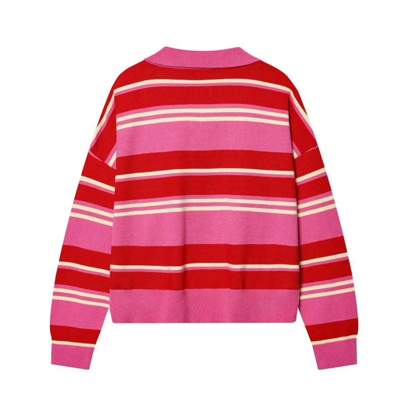 ETJ 2025 Autumn women's new line street style fashion yellow wide stripe polo neck loose version of long-sleeved sweater