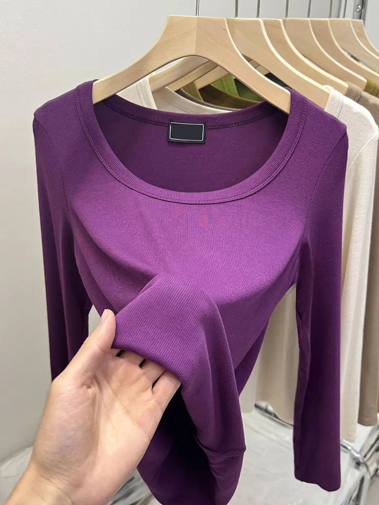 Fashionable U-Neck Long Sleeve Base Shirt Women's Slim Fit Low Collar Top T-Shirt Pure Color Commute Style Spring 2024