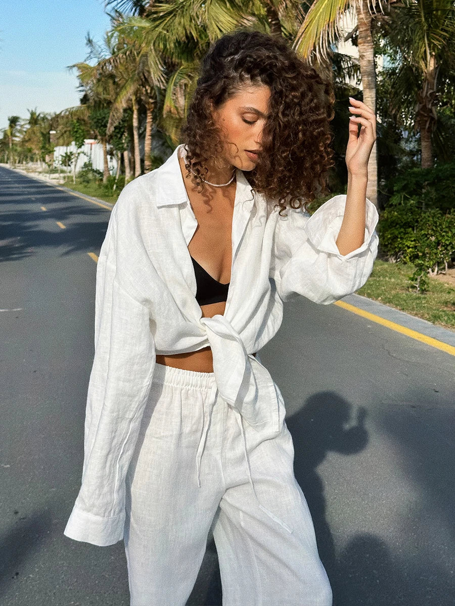 Bornladies Cotton Casual Pants Sets Women's Solid Color Cozy Lapel Long Sleeve Shirt Summer Outfit Elastic Waist Pants Suits
