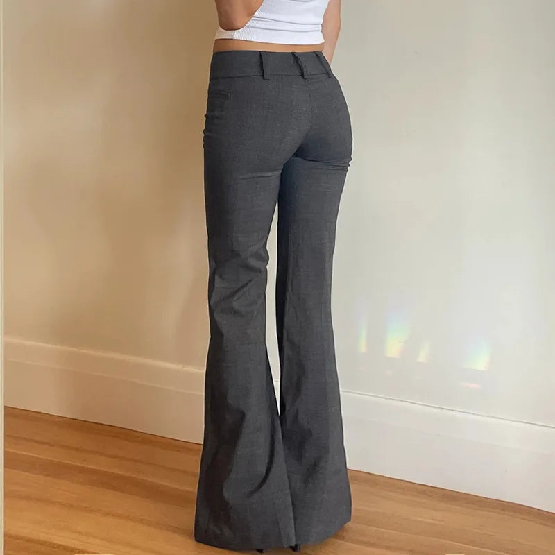 Lucyever Grey Low Waisted Flared Pants Female Y2K High Street Retro Wide Leg Trousers Fashion Slim Pocket Office Lady Suit Pants
