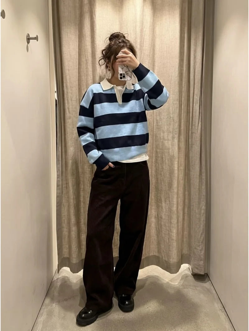 ETJ 2025 Autumn women's new line street style fashion yellow wide stripe polo neck loose version of long-sleeved sweater