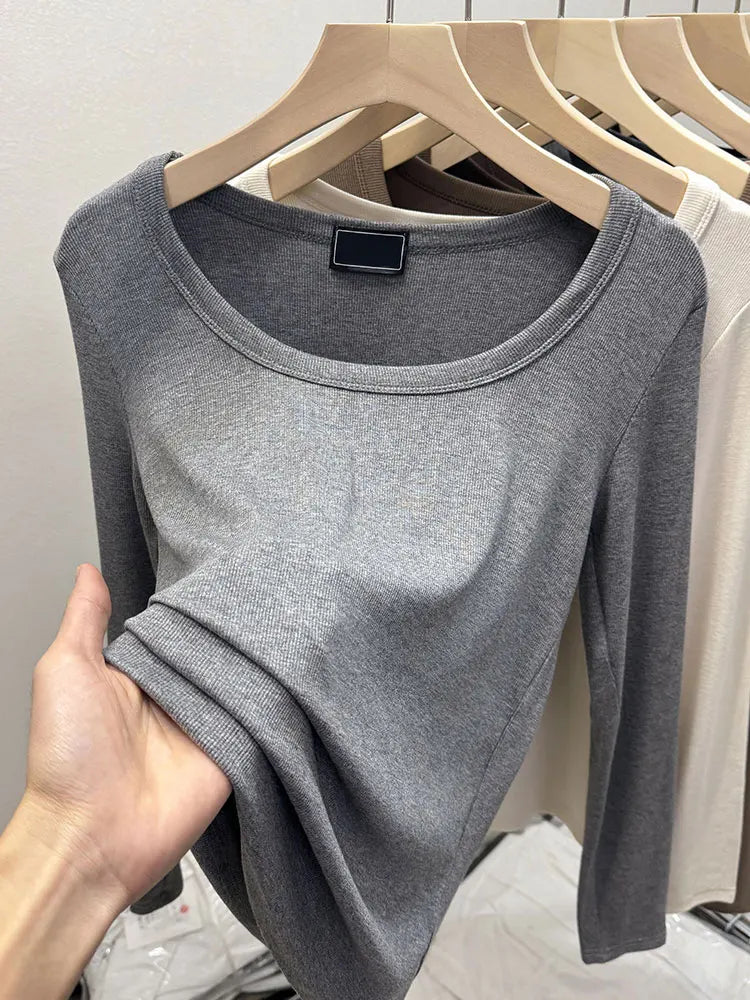 Fashionable U-Neck Long Sleeve Base Shirt Women's Slim Fit Low Collar Top T-Shirt Pure Color Commute Style Spring 2024