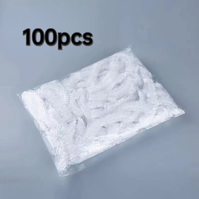 100 Pieces/set Women's Disposable Shower Cap  Plastic Waterproof Head Cover  Pink Spa Salon  Hotel Hair Dye  Elastic Hair Cap