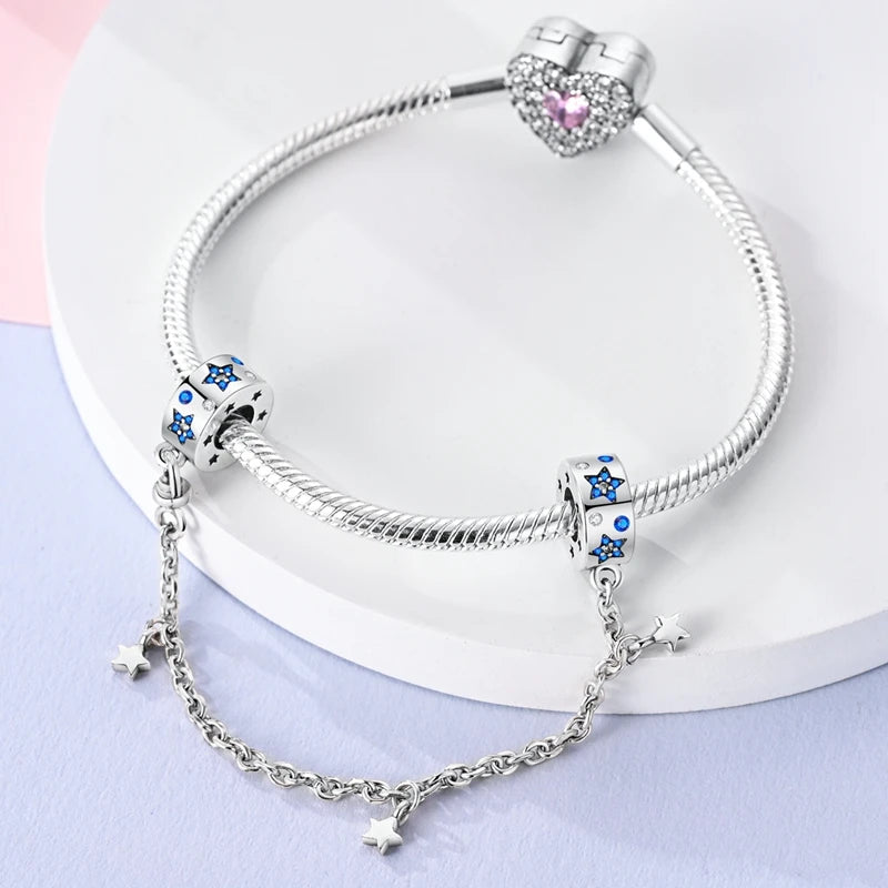 Safety Chain Hot Sales 925 Sterling Silver Brilliant Star Safety Chain Charms Fit 3mm Original Bracelet DIY Women Party Jewelry