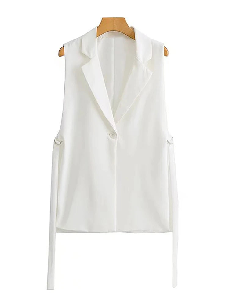 Women Fashion With Taps Side Vents Waistcoat Vintage Sleeveless Front Button Female Outerwear Chic Vest Tops