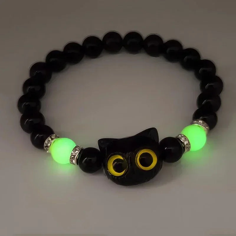 Luminous Cute Cat Head Bead Strand Bracelet for Couples Black White Cat Design Matching Friendship Jewelry for Men And Women