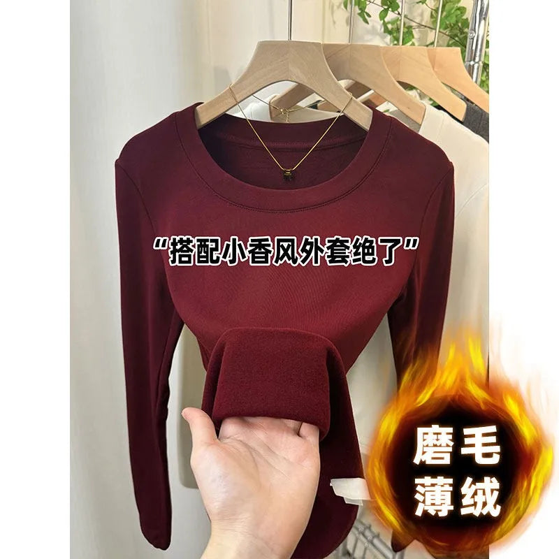 Fashionable U-Neck Long Sleeve Base Shirt Women's Slim Fit Low Collar Top T-Shirt Pure Color Commute Style Spring 2024