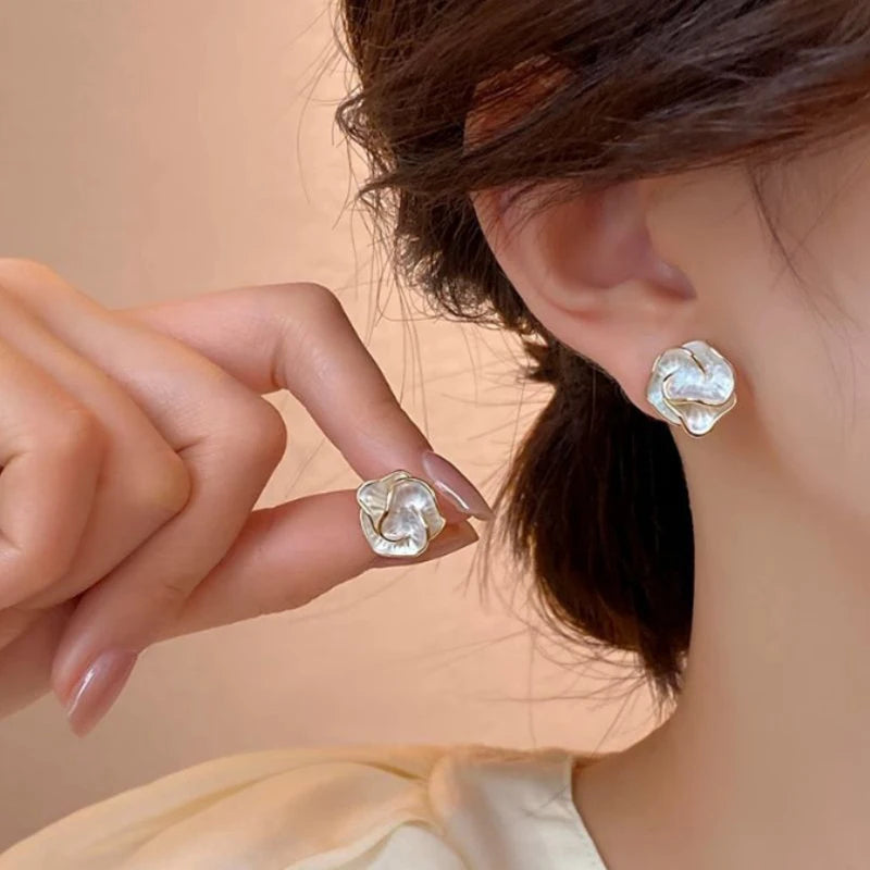 Delicate Camellia Stud Earring For Women Unique Flower Design Ear Stud Temperament White Earrings Daily Jewelry Gift