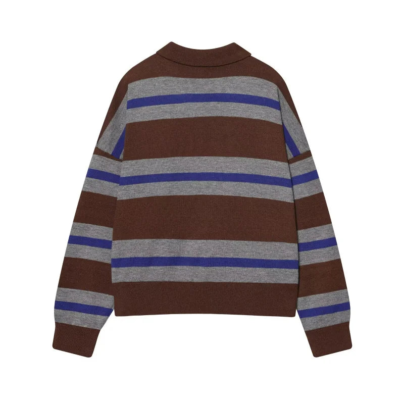 ETJ 2025 Autumn women's new line street style fashion yellow wide stripe polo neck loose version of long-sleeved sweater