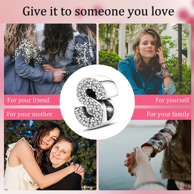 925 Sterling Silver Letter Series - S Charms Beads Sparkling CZ Zircon Dangle Fit Original Bracelet DIY Women Birthday Jewelry
