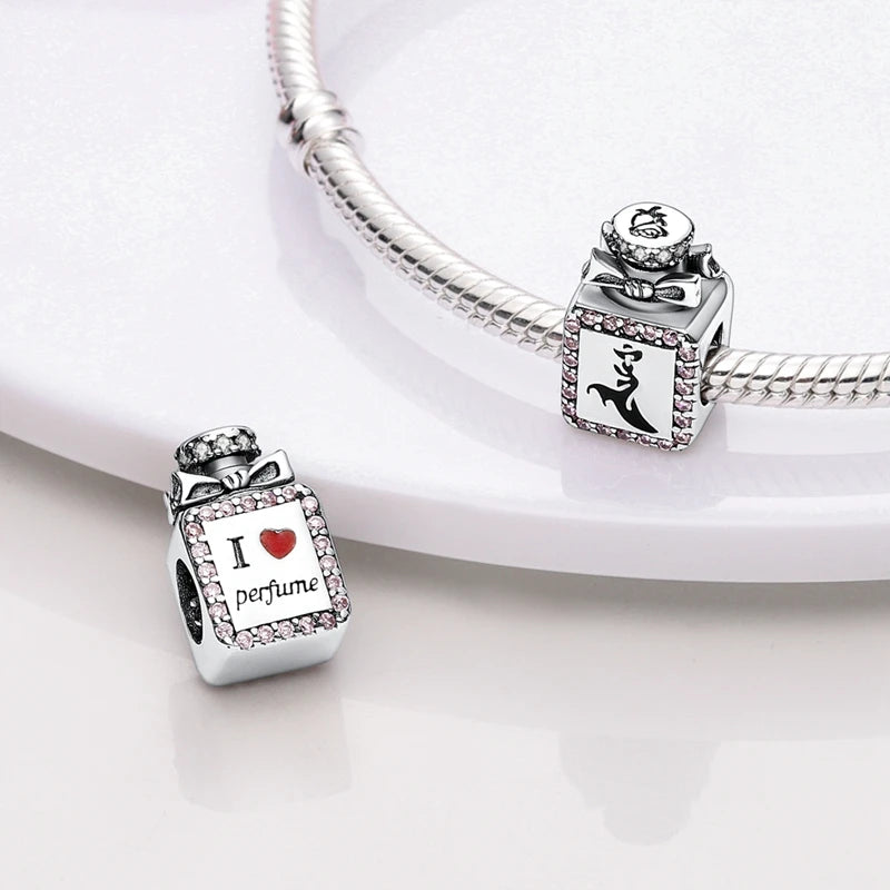 Pink Charms Original 925 Sterling Silver Heart Bow Perfume Bottle Charms Beads Pendants Fit Bracelet DIY Women Jewelry Making