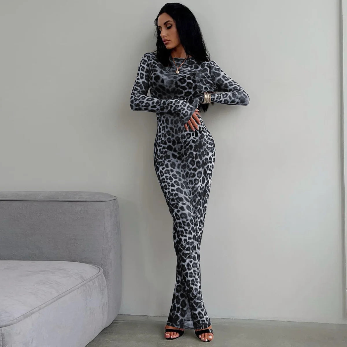Hugcitar Leopard Print Mesh Long Sleeve Sexy Slim  See Through Maxi Dress Fall Women Fashion Outfits Beach Vacation Club