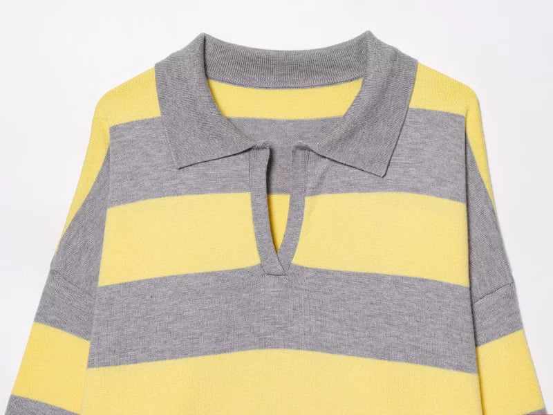 ETJ 2025 Autumn women's new line street style fashion yellow wide stripe polo neck loose version of long-sleeved sweater