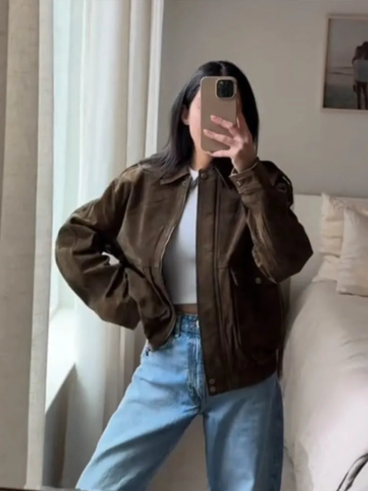 Brown Suede Jacket For Women Fashion Lapel Zipper Long Sleeve Pockets Motorcycle Bomber Coat 2025 New Spring Lady Loose Outwears
