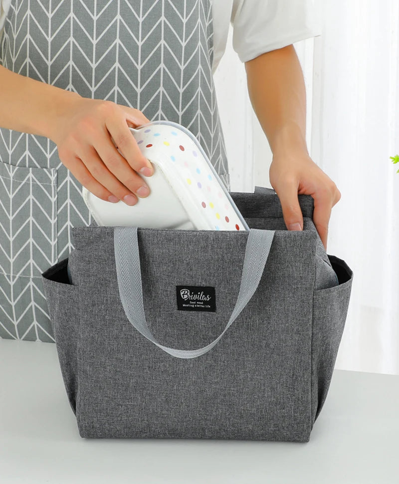 1PC Insulated Lunch Bag With 2 Side Pockets Large Capacity Thermal Lunch Box Bag To School Picnic Work Insulated Freezer Bag