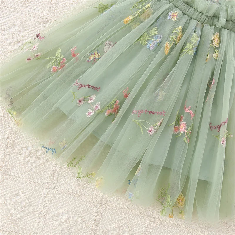 Summer New Princess Style Baby Girl Dress, Sweet Green Floral Chiffon Children'S Clothing (6 Months -5 Years Old)