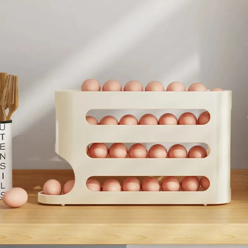 4 Layers Automatic Rolling Egg Holder Rack - Kitchen Fridge Egg Storage Box Organizer Dispenser - Plastic Refrigerator Container