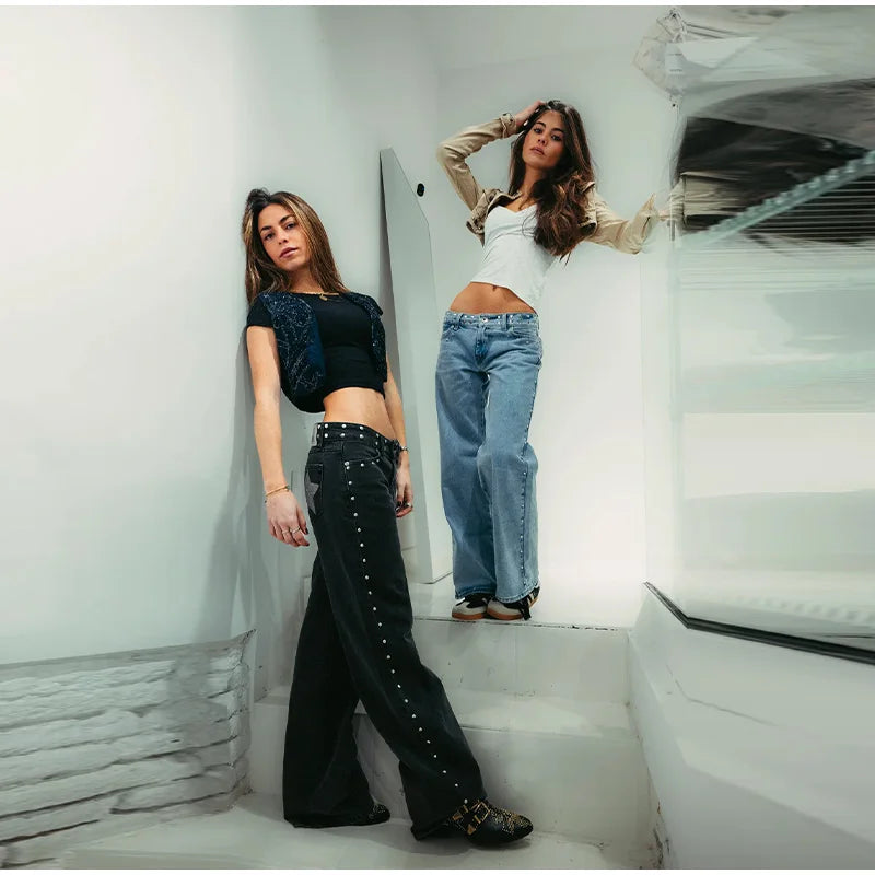 Classic Studded Denim Jeans Pant Women's Star Patchwork Baggy Pants Wide Leg  Trendy Streetwear Casual Daily Female Trousers