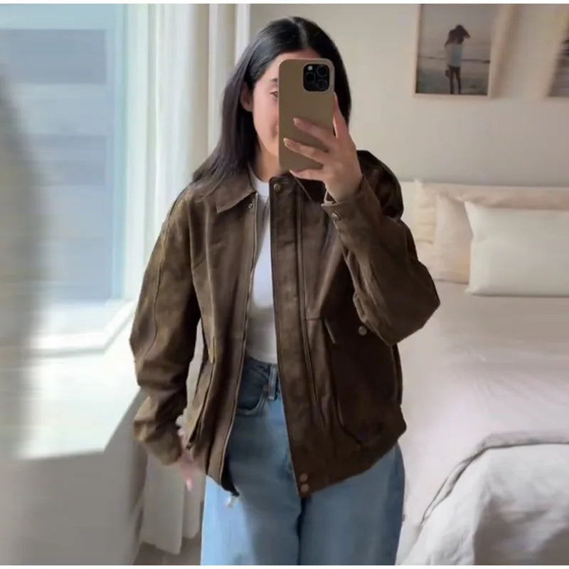 Brown Suede Jacket For Women Fashion Lapel Zipper Long Sleeve Pockets Motorcycle Bomber Coat 2025 New Spring Lady Loose Outwears