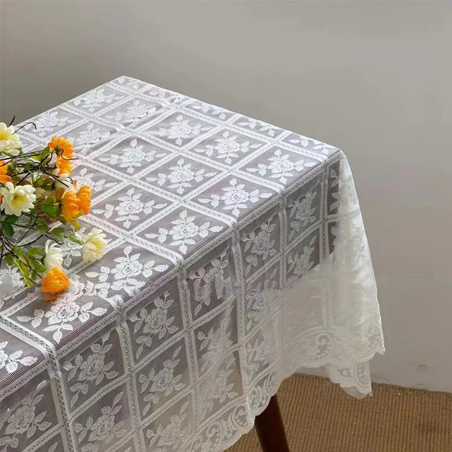 One Antique Embroidered Lace Tablecloth - Solid Color Elegant Flower Cut Process Polyester Square Tablecloth, 100% Polyester