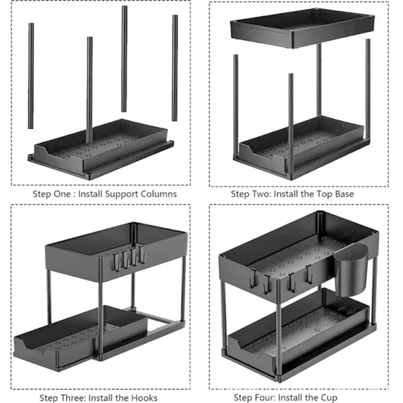 2-Tier Sliding Under Sink Organizer - Cabinet Basket Storage Rack with Hooks and Hanging Cup for Kitchen and Bathroom Use