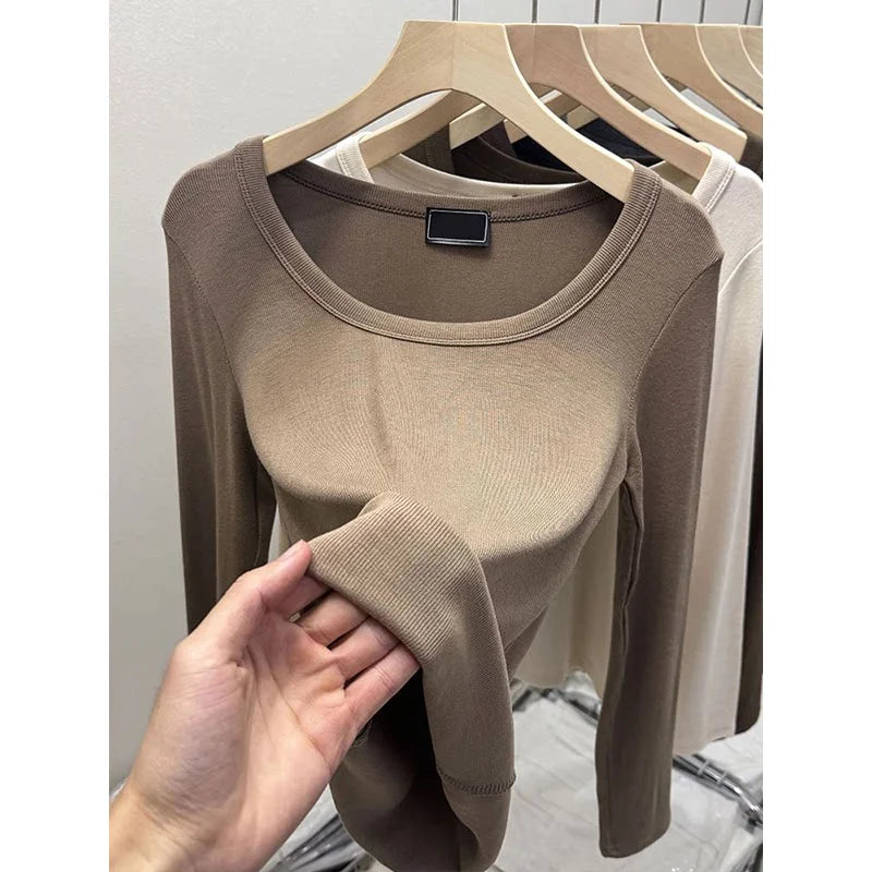 Fashionable U-Neck Long Sleeve Base Shirt Women's Slim Fit Low Collar Top T-Shirt Pure Color Commute Style Spring 2024