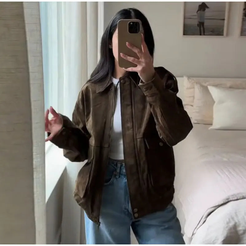Brown Suede Jacket For Women Fashion Lapel Zipper Long Sleeve Pockets Motorcycle Bomber Coat 2025 New Spring Lady Loose Outwears