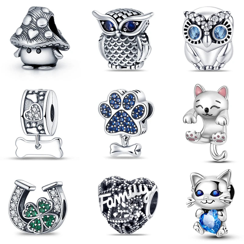 925 Silver Color Mushroom Owl Cat Bone Animal Charms Beads Fit Pandach 925 Original Bracelets Fine DIY Birthday Jewelry Gifts