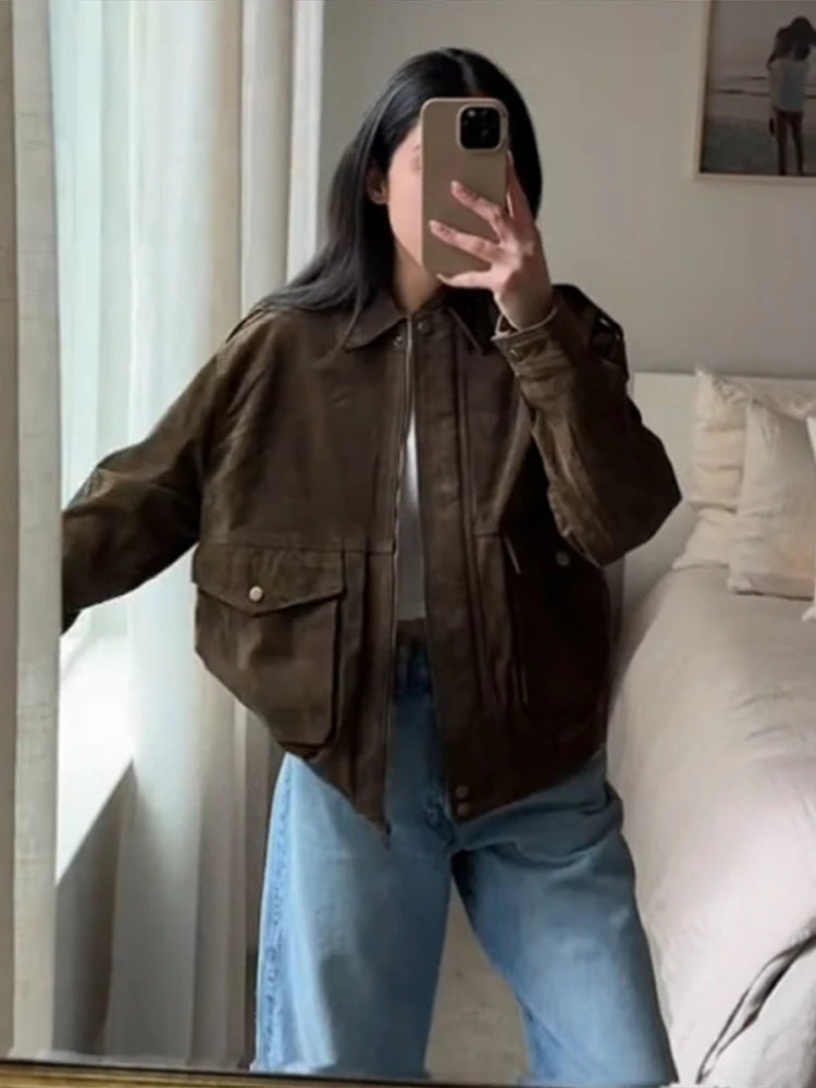 Brown Suede Jacket For Women Fashion Lapel Zipper Long Sleeve Pockets Motorcycle Bomber Coat 2025 New Spring Lady Loose Outwears