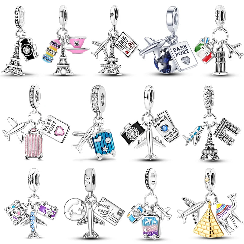 Travel Charm 925 Silver Plane Paris Tower Pendant Fit Bracelet Beads Making Woman Fashion Jewelry