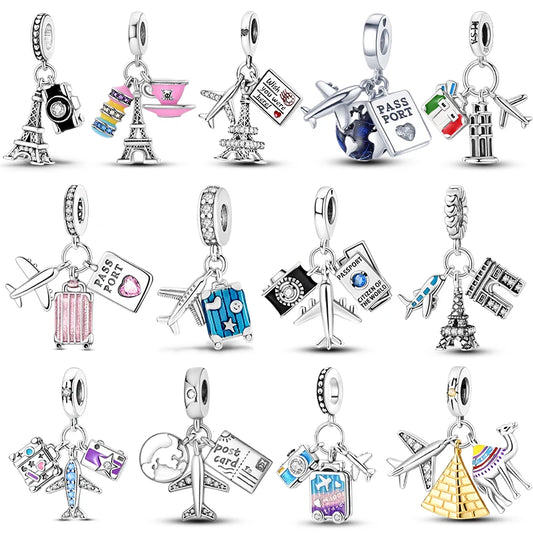 Travel Charm 925 Silver Plane Paris Tower Pendant Fit Bracelet Beads Making Woman Fashion Jewelry