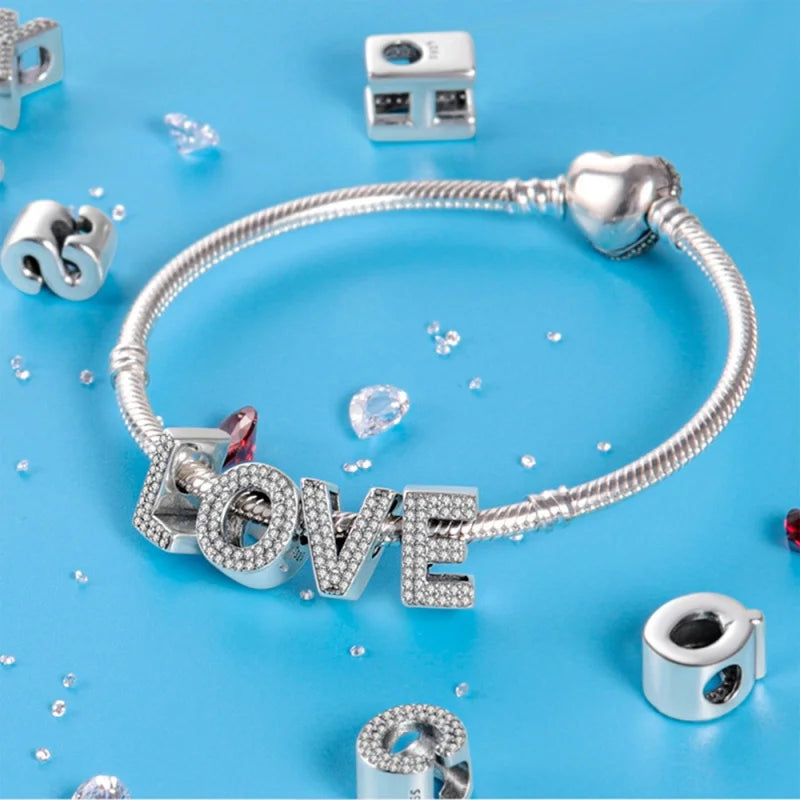 925 Sterling Silver Letter Series - S Charms Beads Sparkling CZ Zircon Dangle Fit Original Bracelet DIY Women Birthday Jewelry
