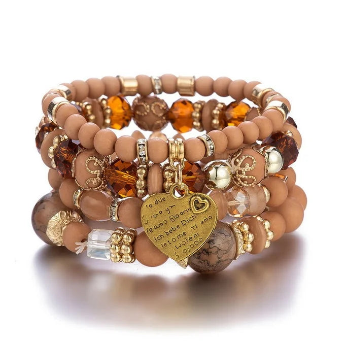 4pcs/set Boho Strand Bracelets For Women Crystal Beads Bracelets Heart Letter Elastic Bangles Wristband Yoga Jewelry Gifts K-