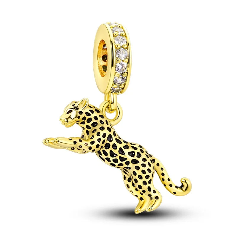 Original 925 Sterling Silver Gold Series DIY Charms Beads Inlaid Zirconium Sun Leopard Pendants Fit Bracelet DIY Jewelry Making