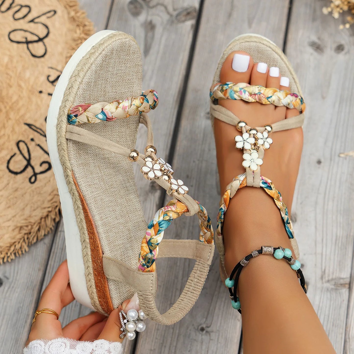 Women'S New Summer Sandals Classic Wedge Thick Sole Elevated Elastic Strap Open Toe Hollow Clear Heel Sandals For Beach Vacation