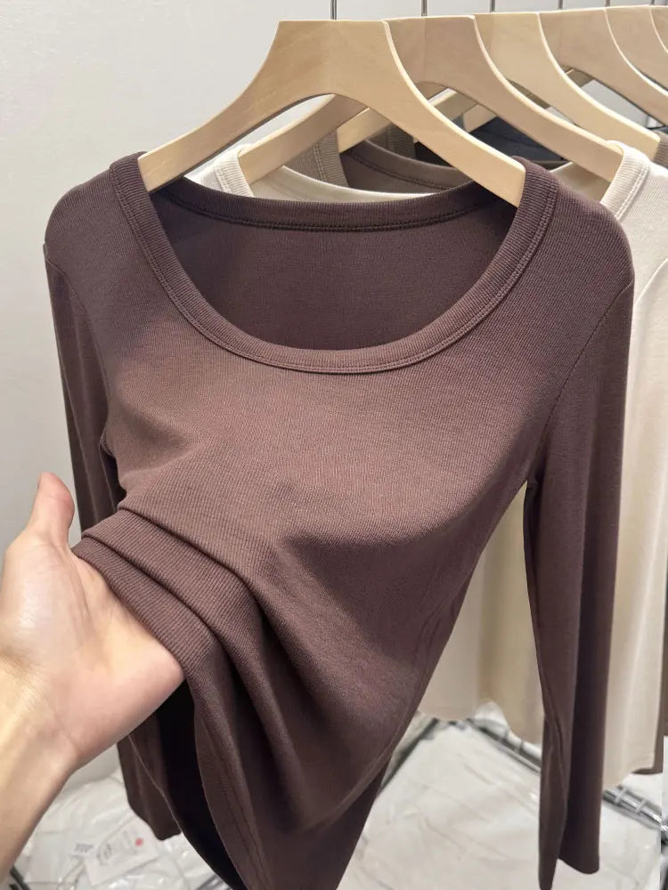Fashionable U-Neck Long Sleeve Base Shirt Women's Slim Fit Low Collar Top T-Shirt Pure Color Commute Style Spring 2024