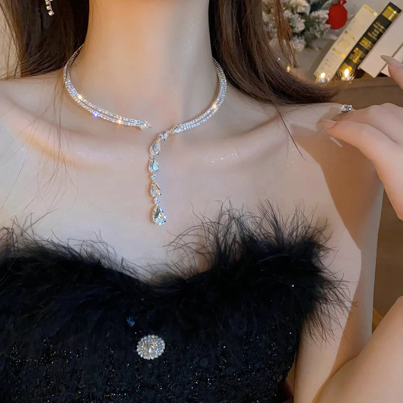 Zircon Double Layered Water Drop Heart Silver Scrap Imitation Pearl Cross Wave Open Collarbone Fine Pendant Necklaces Women K-