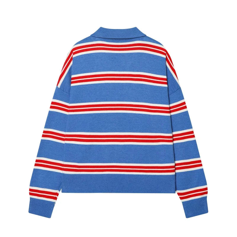 ETJ 2025 Autumn women's new line street style fashion yellow wide stripe polo neck loose version of long-sleeved sweater
