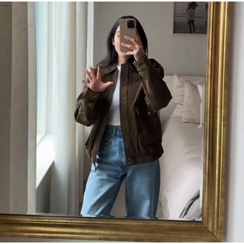 Brown Suede Jacket For Women Fashion Lapel Zipper Long Sleeve Pockets Motorcycle Bomber Coat 2025 New Spring Lady Loose Outwears