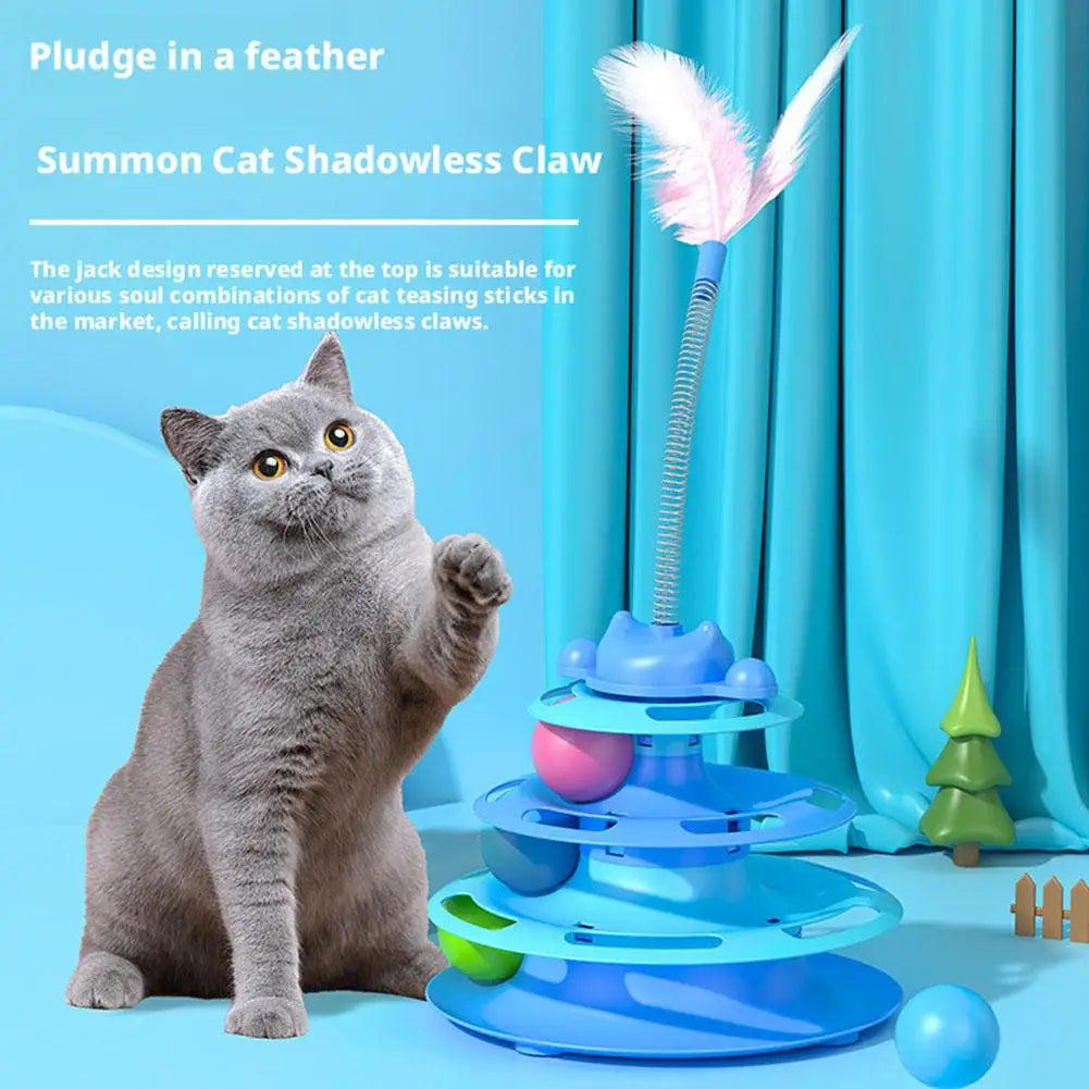 Pattern Feather Cat Toy, Three-layer Rotating Tower with Ball, Indoor Cat Interactive Fun&Christmas, New Year Pet Toys