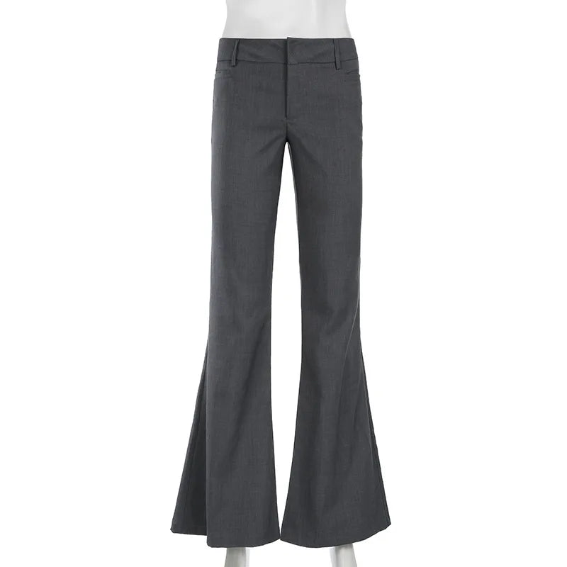 Lucyever Grey Low Waisted Flared Pants Female Y2K High Street Retro Wide Leg Trousers Fashion Slim Pocket Office Lady Suit Pants