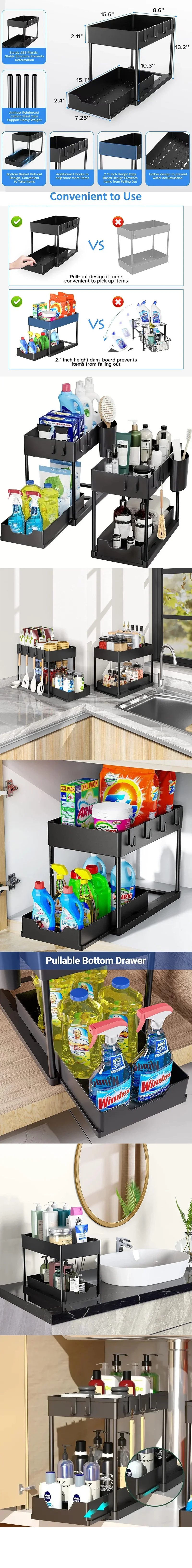 2-Tier Sliding Under Sink Organizer - Cabinet Basket Storage Rack with Hooks and Hanging Cup for Kitchen and Bathroom Use