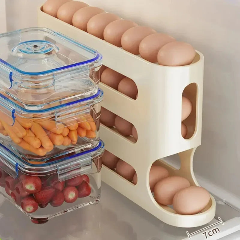 4 Layers Automatic Rolling Egg Holder Rack - Kitchen Fridge Egg Storage Box Organizer Dispenser - Plastic Refrigerator Container