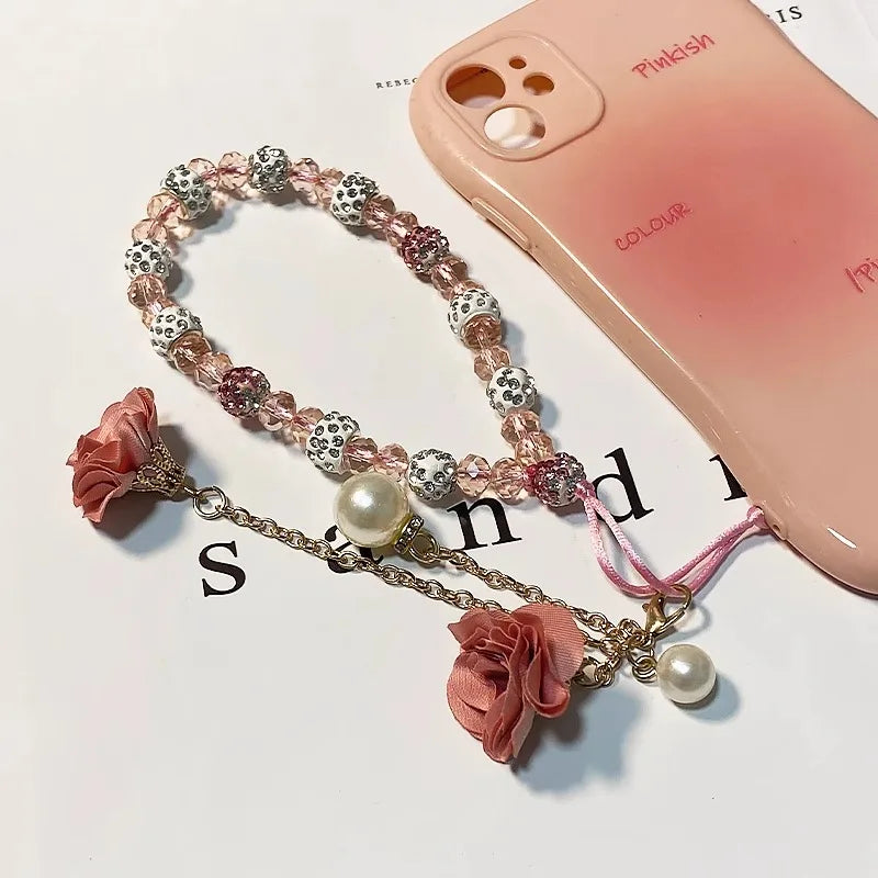 Short Mobile Phone Hanging Rope Creative Gypsum Flower Bracelet Wrist Rope Crystal Phone Case Pendant Fflower Pendant For Women