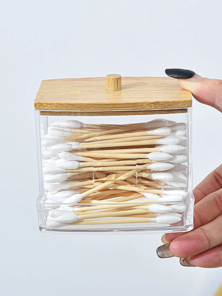 1 Household Cotton Swab Storage Tank, Acrylic Square Bamboo Cover Storage Box, Suitable For Bathroom, Bedroom, Transparent