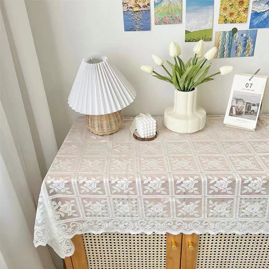 One Antique Embroidered Lace Tablecloth - Solid Color Elegant Flower Cut Process Polyester Square Tablecloth, 100% Polyester