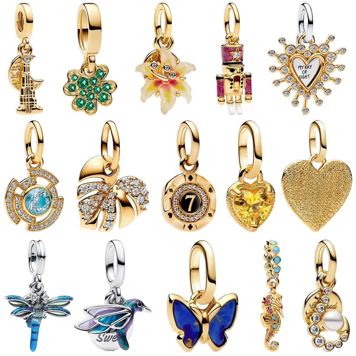 925 Silver Relief Carved Palm Leaf Heart Blue Dragonfly Butterfly Hummingbird Lucky Clover Enamel Dangle Charms Fit Bracelet