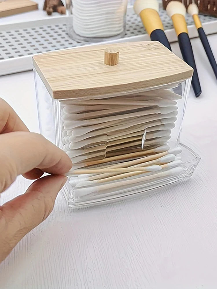 1 Household Cotton Swab Storage Tank, Acrylic Square Bamboo Cover Storage Box, Suitable For Bathroom, Bedroom, Transparent