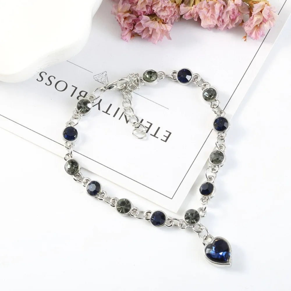 Women Silver Color Lucky Bracelet Female Blue Crystal Heart Charm Pulseras Bracelet Bridal Wedding Engagement Fine Jewelry Gift