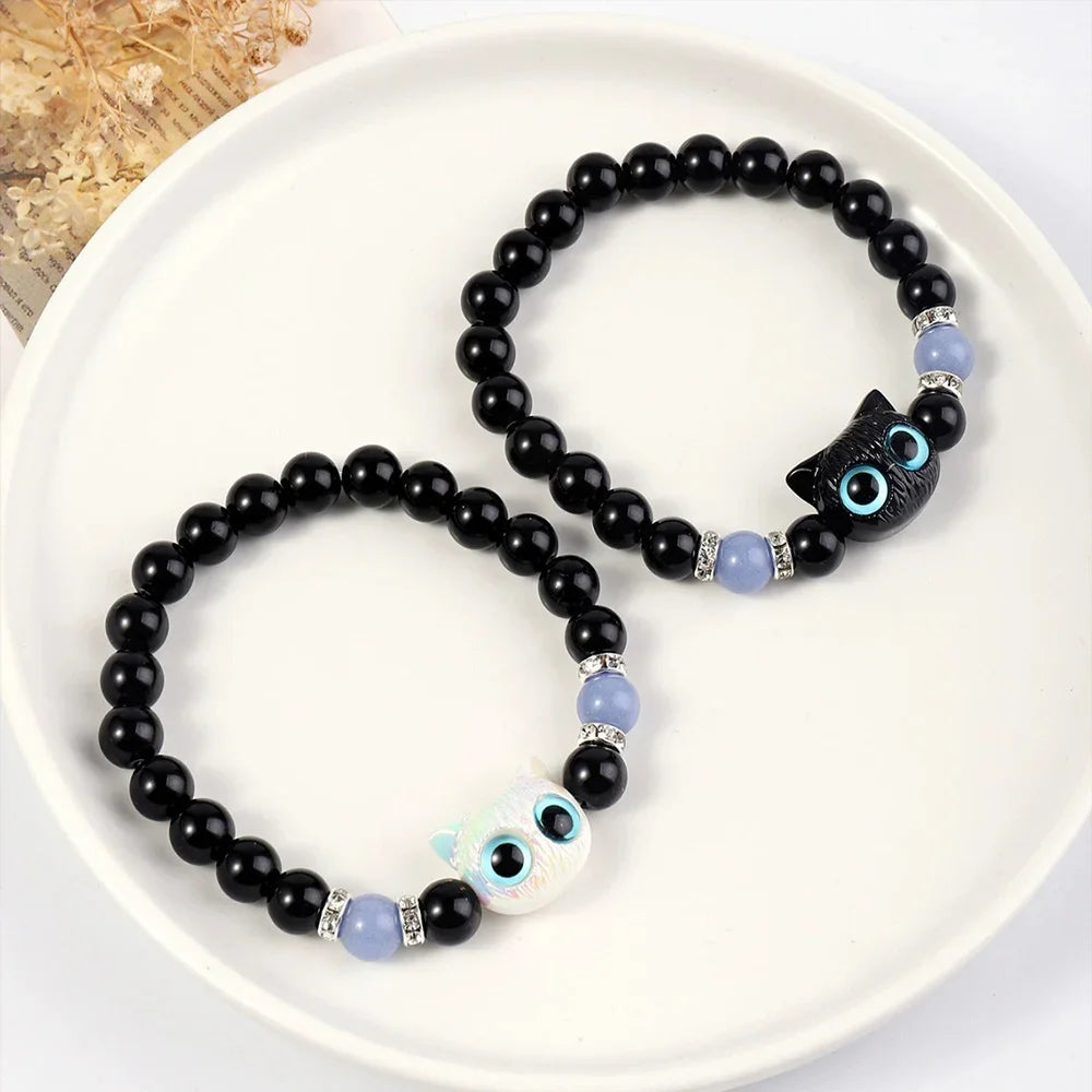 Luminous Cute Cat Head Bead Strand Bracelet for Couples Black White Cat Design Matching Friendship Jewelry for Men And Women